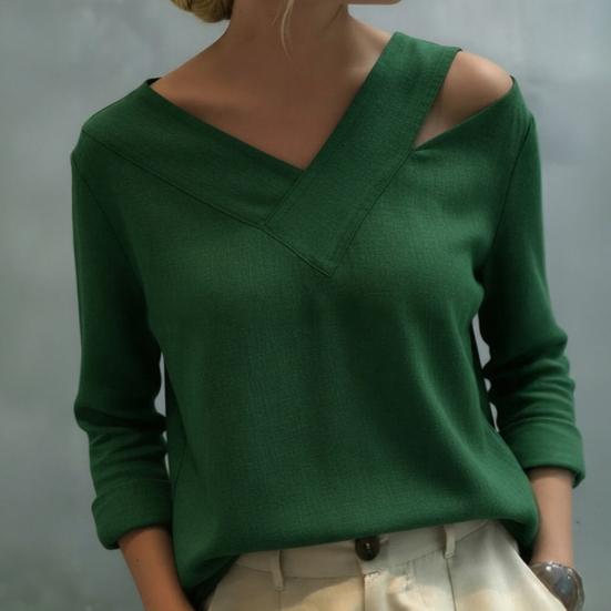 Women T-shirt V-Neck Off Shoulder Long Sleeve Pullover Tops Pure Color Loose Fit Summer Casual Shirt Daily