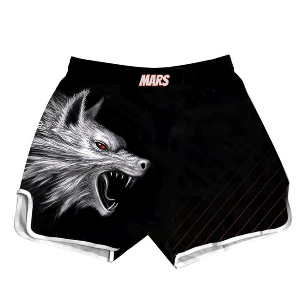 2024 New Wolf Geometric Breathable Print Combat Shorts, Muay Thai Boxing Shorts, Free Sanda Martial Arts Pants