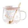 Tazza da caffè in vetro Sakura creativa da 400 ml, carina, trasparente, resistente al calore, tazza d'acqua con manico, coperchio, cucchiaino