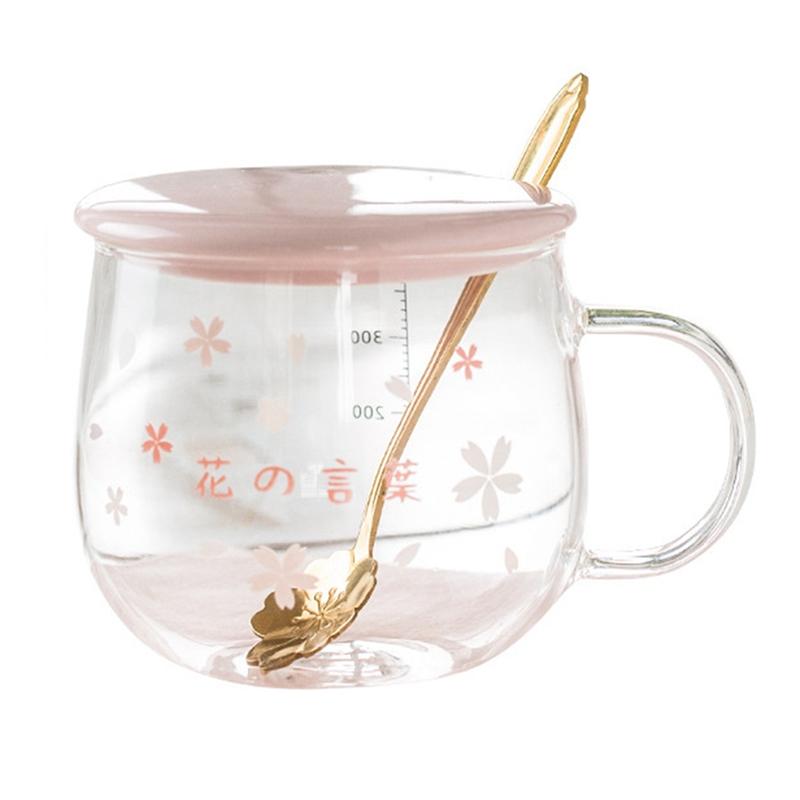 

400 мл креативная стеклянная кружка для кофе с изображением сакуры, симпатичная прозрачная термостойкая чашка для воды с ручкой и крышкой-ложкой