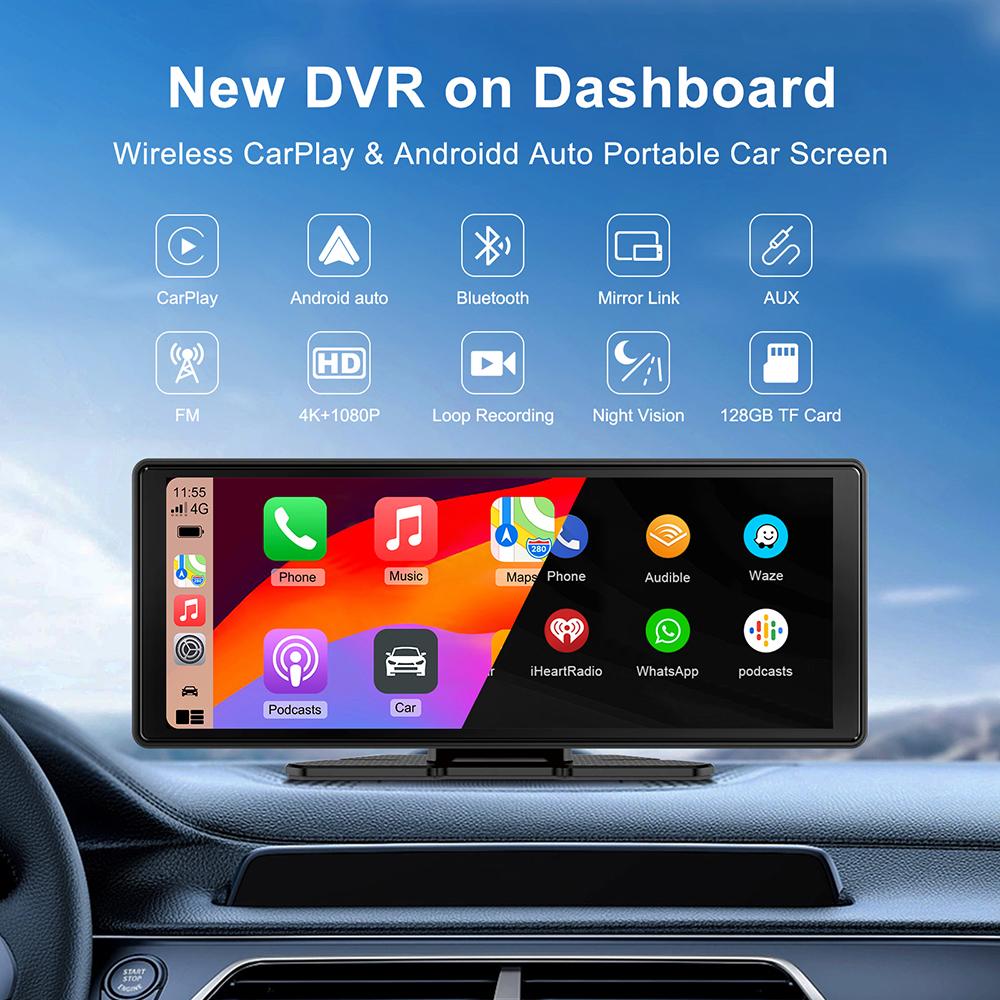 10.26 Inch Car DVR 4K Dash Cam Dual Lens Wireless Carplay & Android Auto Video Recorder Monitor GPS Navigation 5G Wifi FM AUX