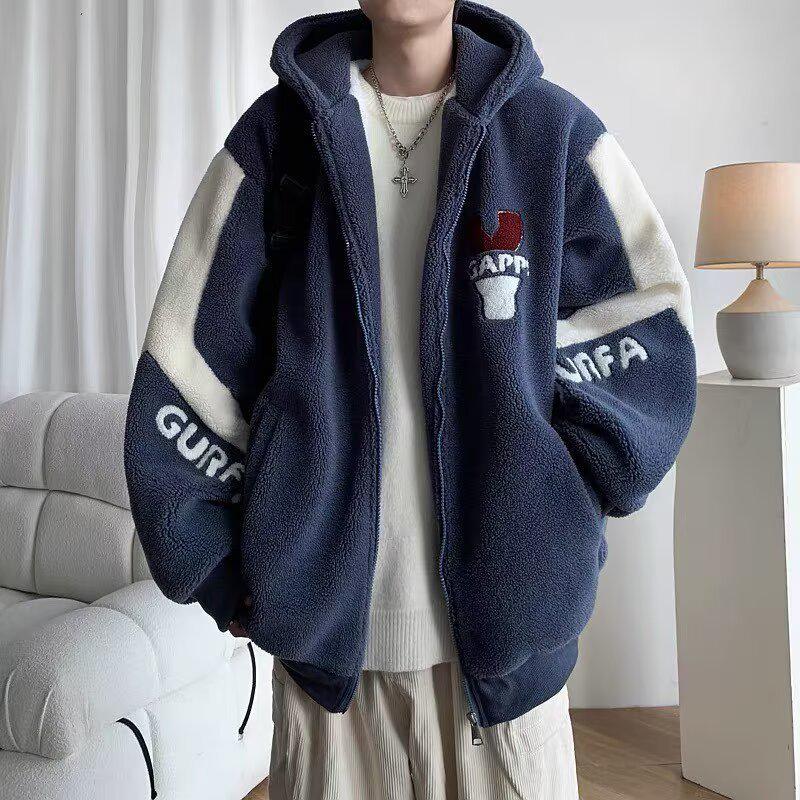 Youth Lambswool Plush Hooded Jacket - Men's Warm Velvet Winter Coat for Junior High, High School, and University Students.