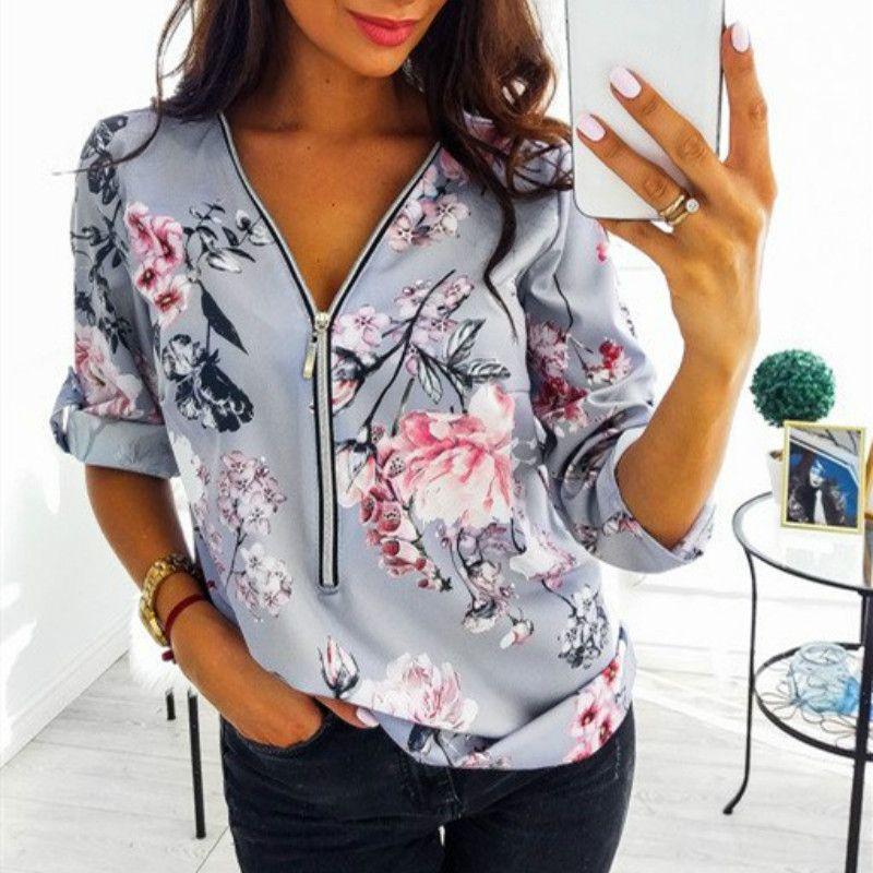 

New New Fashion Fit Vintage Dot Floral Print Blouse Tops Shirt XL gray