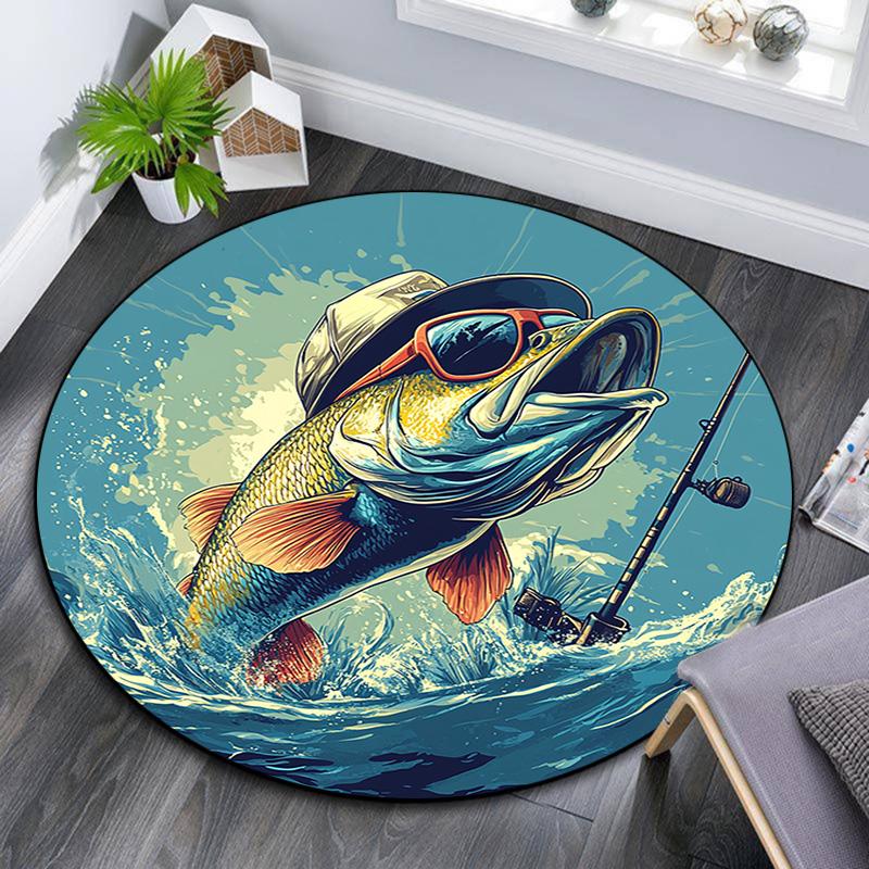Bass Fish Round Area Rug,Carpet Rug for Living Room Bedroom Sofa Playroom Decor,Non-slip Floor Mat
