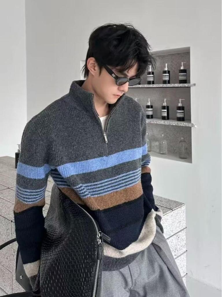 Men's Trendy Loose Half-Zip Knit Pullover for Fall and Winter