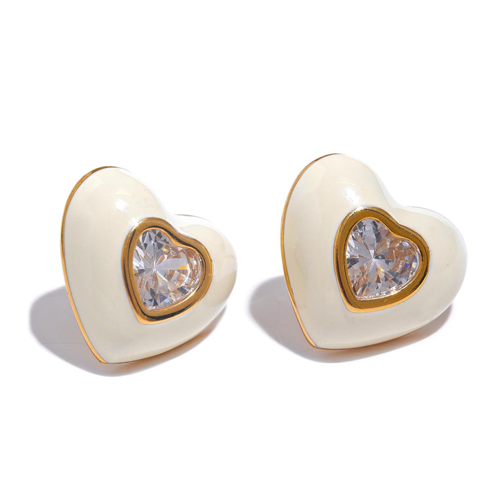 Yhpup 6Color Enamel Shiny Cubic Zirconia Stainless Steel Heart Colorful Stud Earrings Exquisite High Quality Y2K Fashion Jewelry