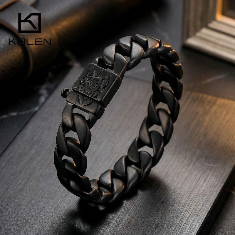 Bracciale Catena Cuban Demon Curb Stile Scuro Placcato Nero 15mm Per Uomo Acciaio Inossidabile 316L