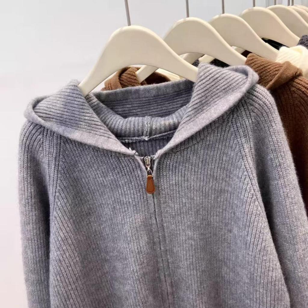 Women's Double Zipper Hooded Rib Knit Cardigan - Petite, Age-Reducing, Autumn/Winter 2025 Style