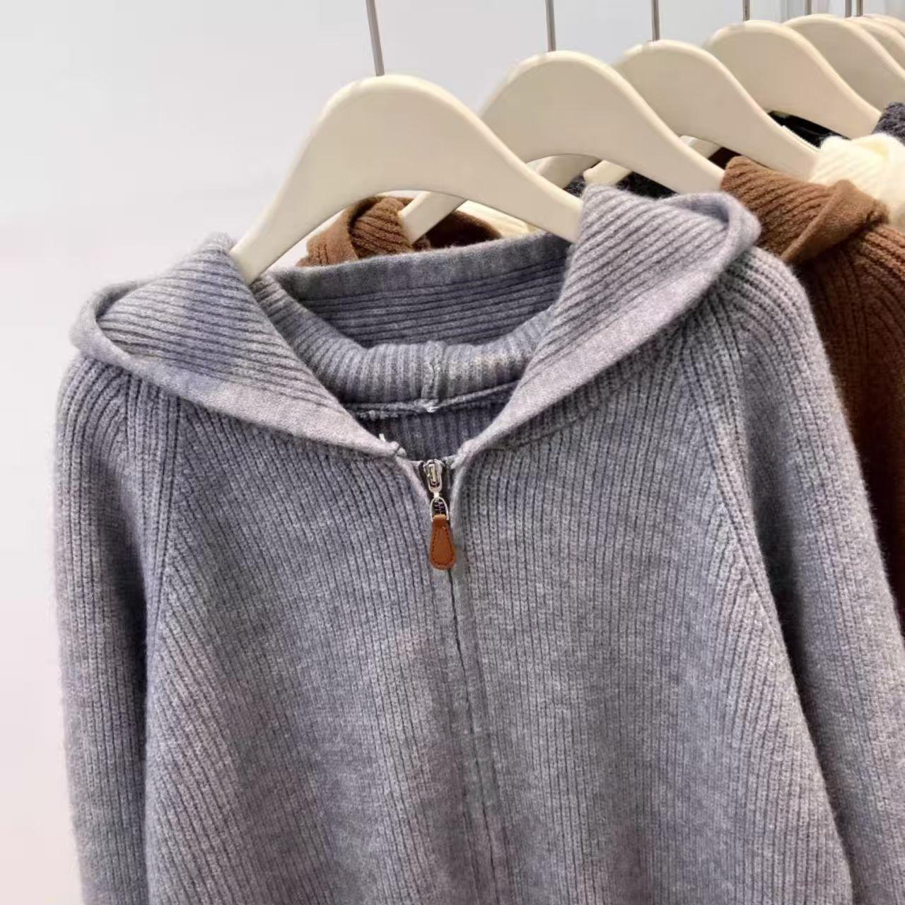 Women s Double Zipper Hooded Rib Knit Cardigan - Petite, Age-Reducing, Autumn/Winter 2025 Style Large светло-серый