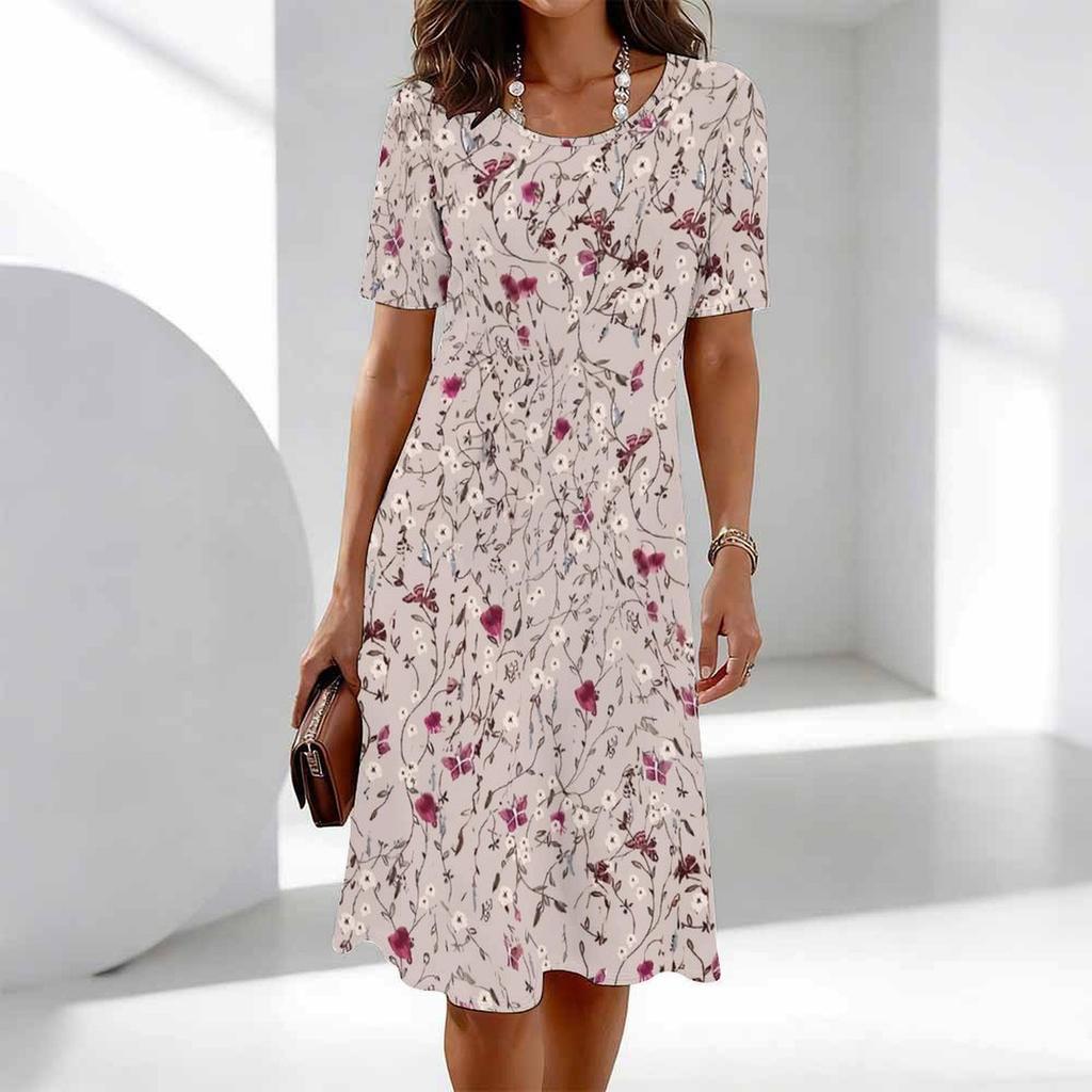 Damenmode Anmutig Schön Blumenmuster Sommer Frühling Kurzarm Rundhals Freizeitkleider
