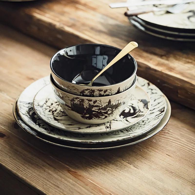Bol Farfurie Ceramică Pictată Manual Animal Vintage Tacâmuri de Casă Farfurie Creativă Vestică pentru Friptură Salată