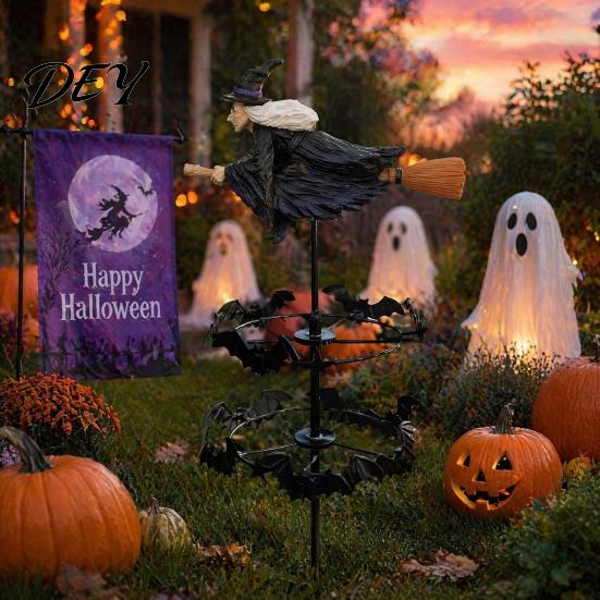 Spooky Seasonal Yard Accents Witch Garden Wind Spinner, Halloween Resin Statue Stake, Bats Spinner for And Outdoor Art Lawn Pathway Decor Path