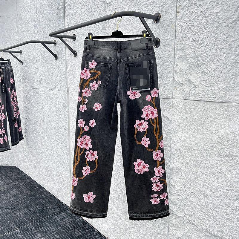 Streetwear Gotic Jeans Brodați cu Flori de Cireș Haine Y2K Bărbați Femei Hip Hop Vintage Jeans Largi cu Talie Joasă Pantaloni cu Picior Lat