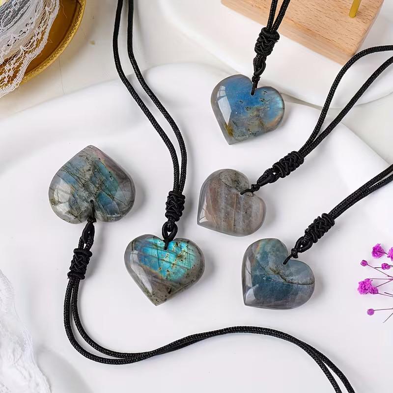 Long Natural Labradorite Crystal Heart Pendant Necklace With Polished White Quartz For Romantic Gifts