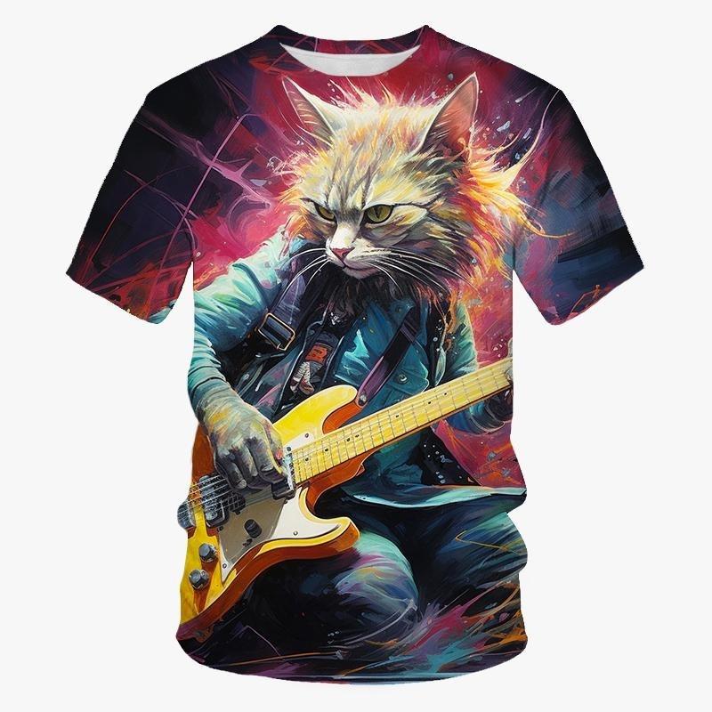 3d Print Guitar Bass Cat T Shirt For Men Animal Graphic T-shirt Hip-hop Personality Short Sleeves Round Neck Rock T-shirts