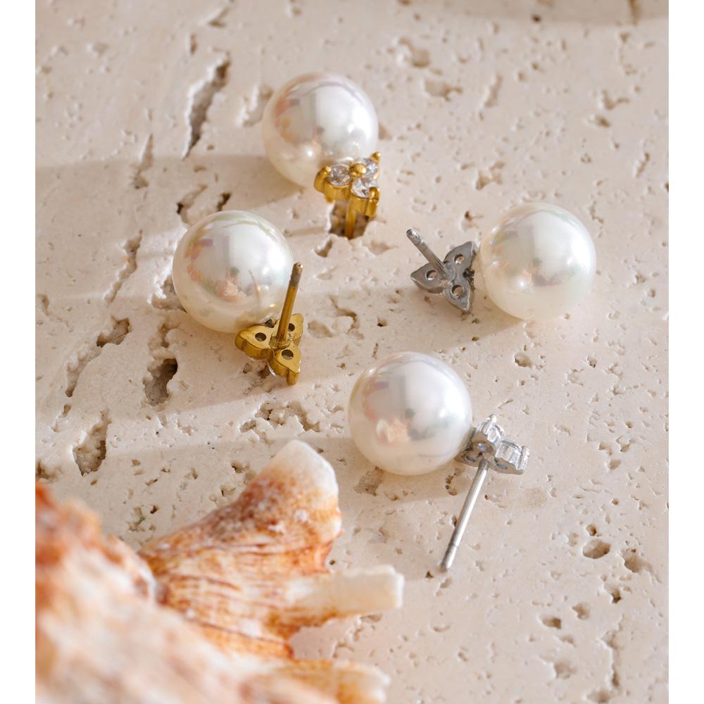 Yhpup Stainless Steel Zircon Simulated Pearls Round Korean Daily Stud Earrings Waterproof Fashion Exquisite Chic Women Jewelry