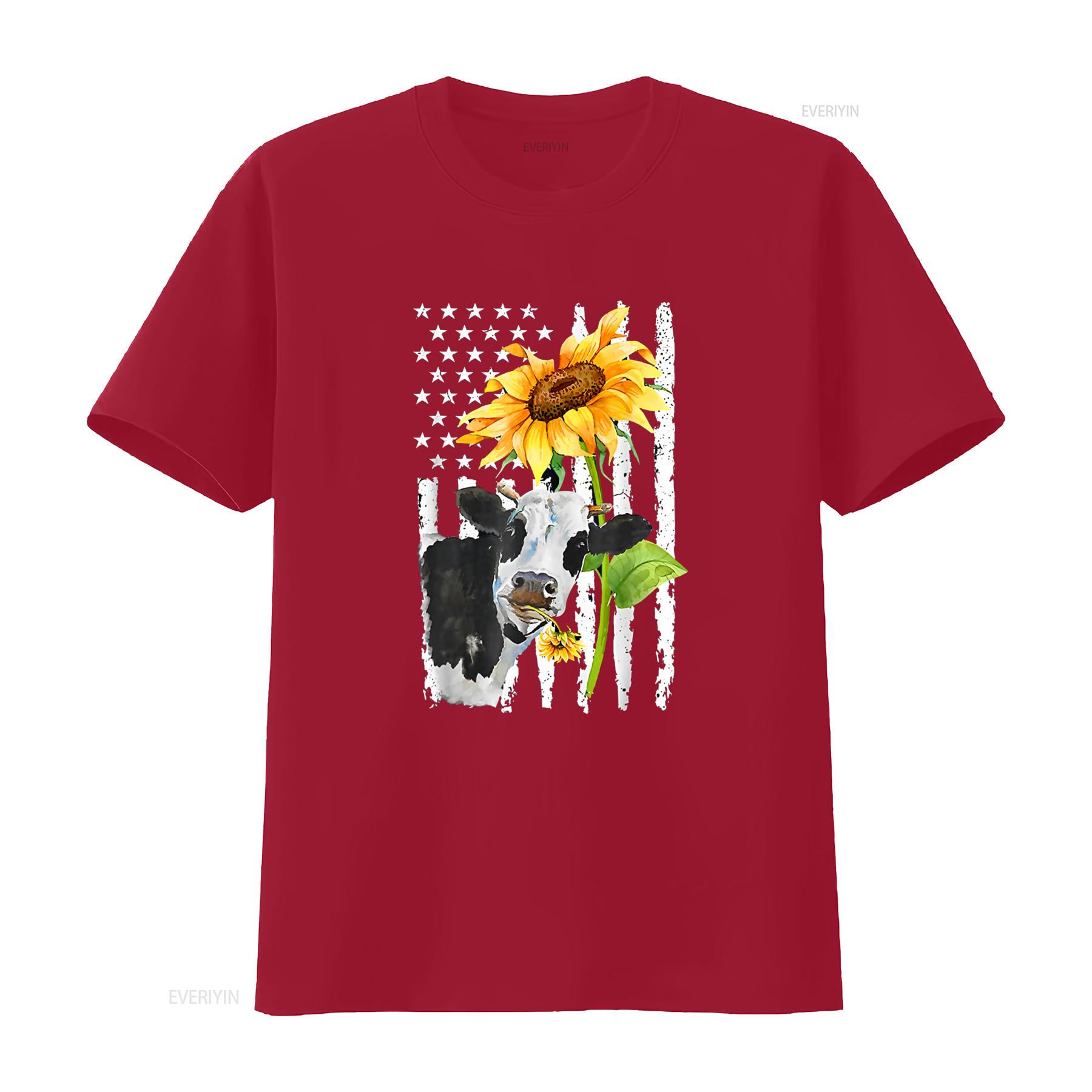 

T Shirt for Women Cow USA Flag Sunflower Casual Tops Black 3X Large vintage Washed Stretched Breathable designer clothes Soft S
