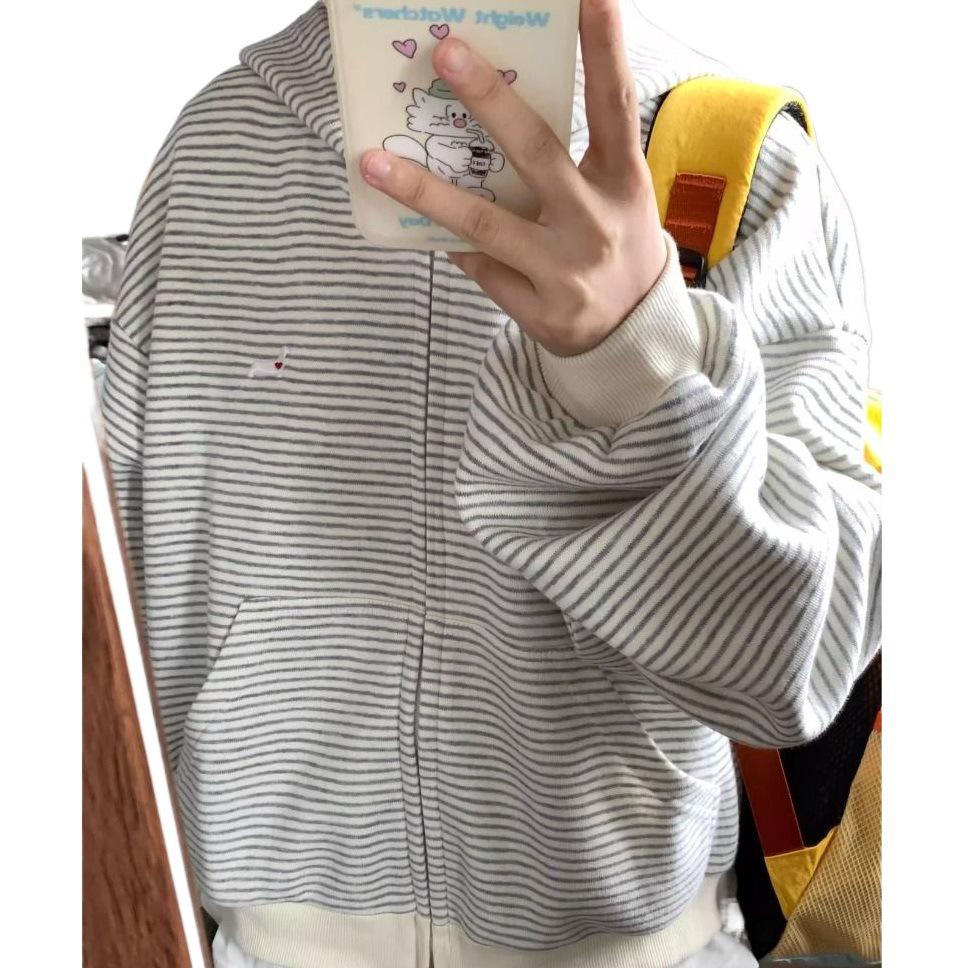 2025 American Style Grey & White Striped Hoodie Cardigan - Loose Fit, Lazy Design