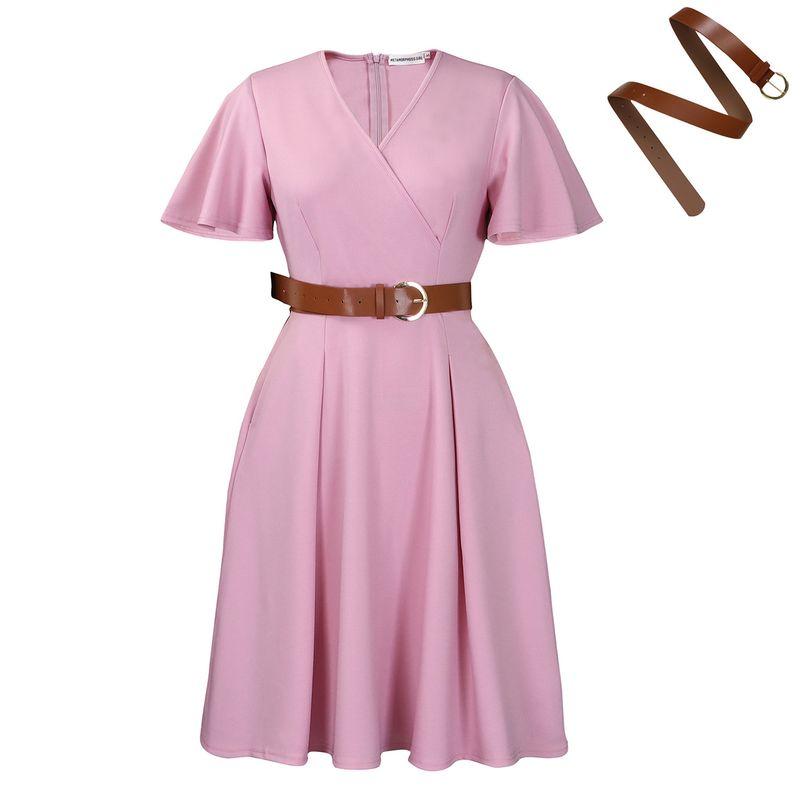 

C8636 Fashion Women s New Fashion Elegant Elegance Pure Color Plus Size V-neck Flared Sleeves Africa Dress Pink + belt L
