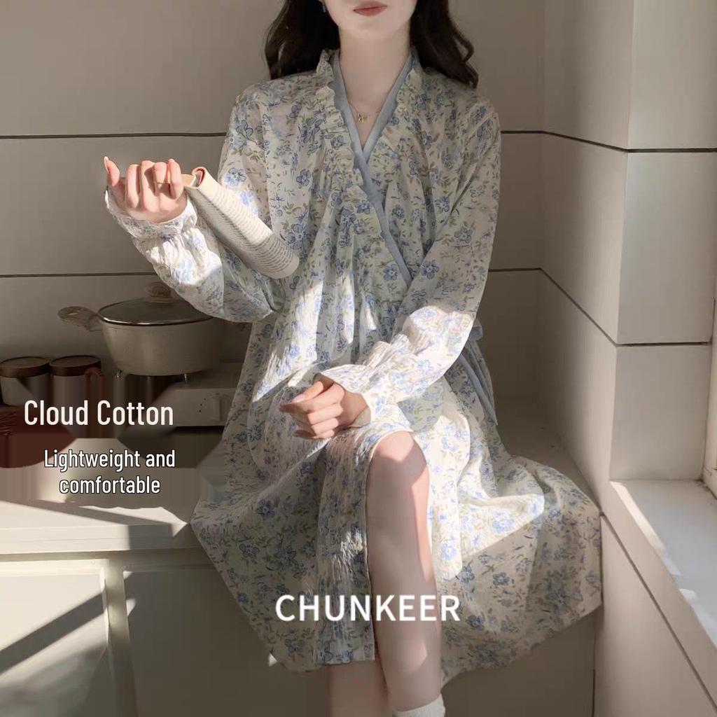 2026 Spring Cloud Cotton Long Sleeve Tie-Up Nightgown - Sweet, Cute, Comfortable Women's Loungewear
