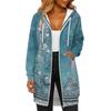 Women's Fashionable Printed  Long Sleeved Drawstring Hooded Zipper Pocket Long Casual Sweatshirt Jacket