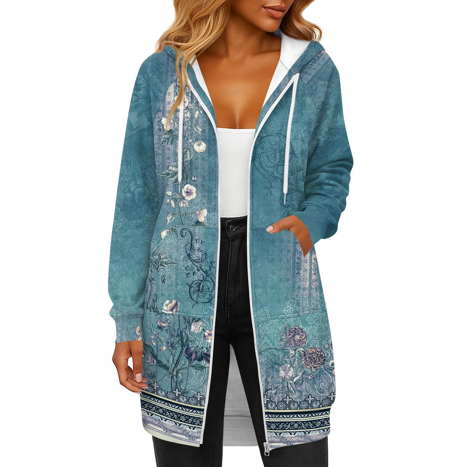 

Женская модная толстовка с длинными рукавами, принтом, капюшоном на кулиске, карманом на молнии, длинная, повседневная XXL синий