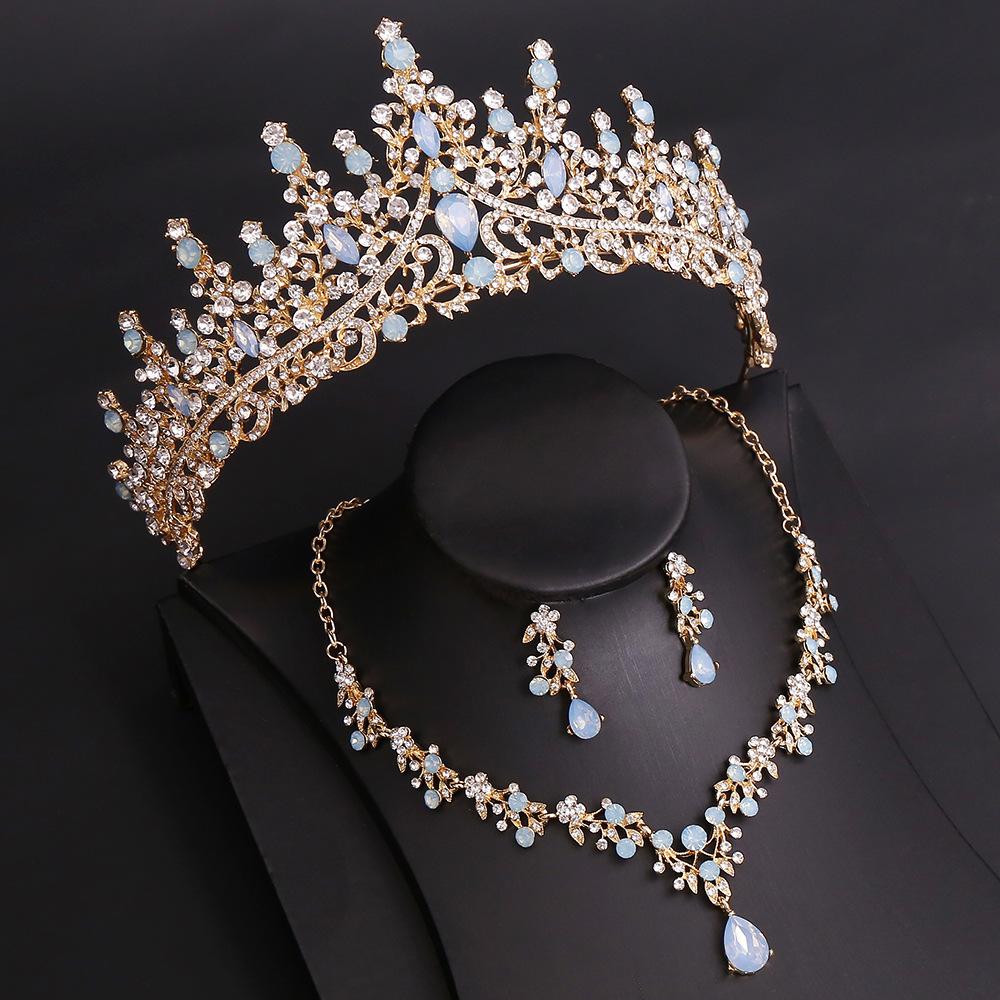 DIEZI Baroque Bridal Opal Crystal Crown Princess Queen Luxury Water Drop Tiaras Necklace Earrings New Wedding Party Jewelry Sets