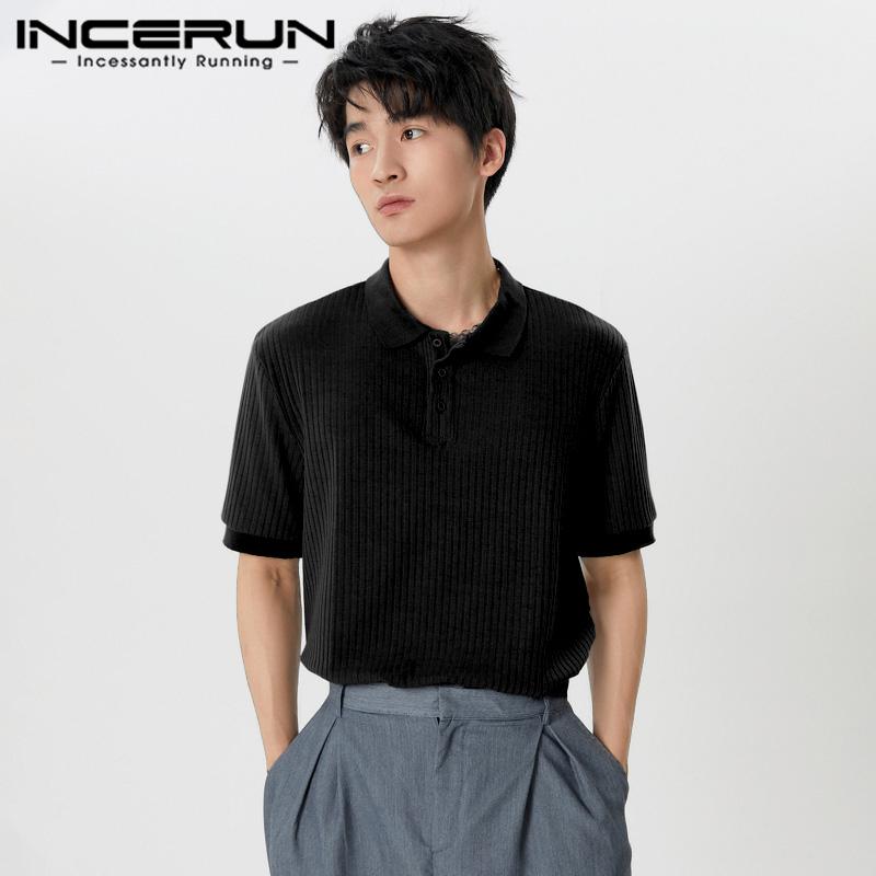 

INCERUN Мужские трикотажные топы с коротким рукавом, повседневные полосатые узкие рубашки