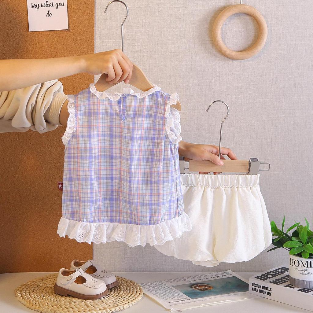 2026 Summer Girls' Stylish Plaid Two-Piece Set with Little Rabbit Lace Sleeveless Design