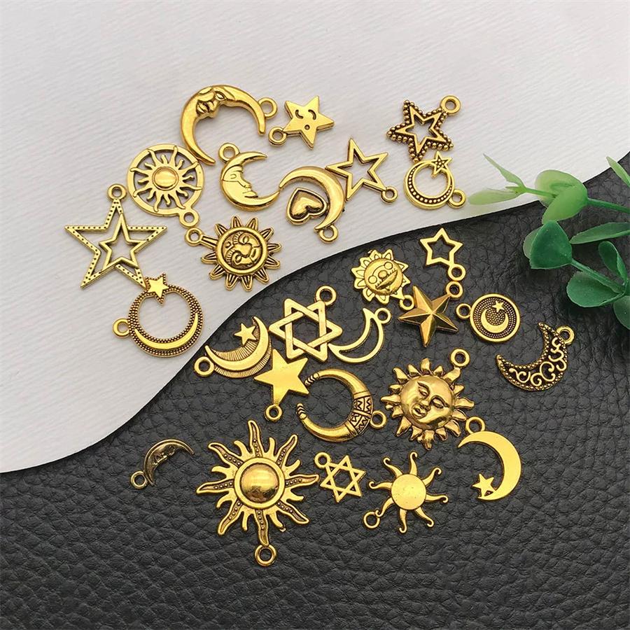 18/48Pcs/Lot Zinc Alloy Antique Silvery Star Moon Pendant Personality DIY Earrings Pendant for Hand Chain Necklace Mardi Gras Day Ramadan
