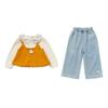 Toddler Korean Style Doll Collar Shirt, Knit Vest, and Bowknot Jeans Set for Girls (2025 Edition).