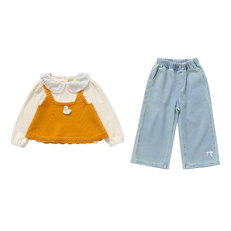 Toddler Korean Style Doll Collar Shirt, Knit Vest, and Bowknot Jeans Set for Girls (2025 Edition).