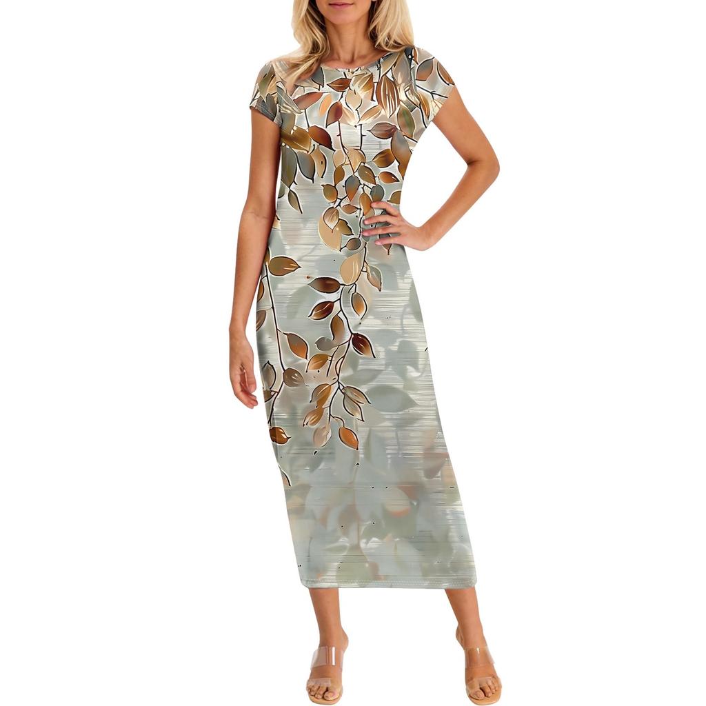 Women's Fashion Casual Print Round Neck Short Sleeve Long Dress
