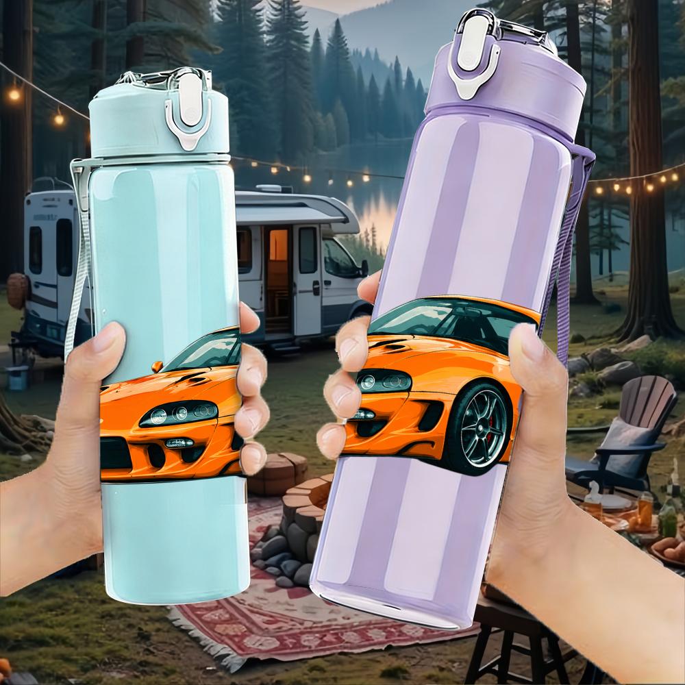 1PC Orange Sport Coupe Car Graphic 750ml Color Plastic Water Bottle Leakproof Flip Straw Lid For Sports Office Home Use