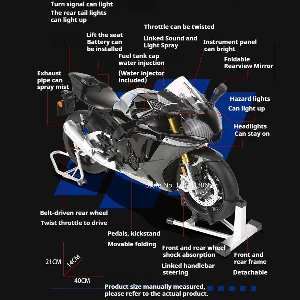 1:6 Scale Alloy Diecast R1M Motorcycles Toys Models Cars Rubber Tires Vehicles Light Sound Miniature Motorcycle Birthday Gifts