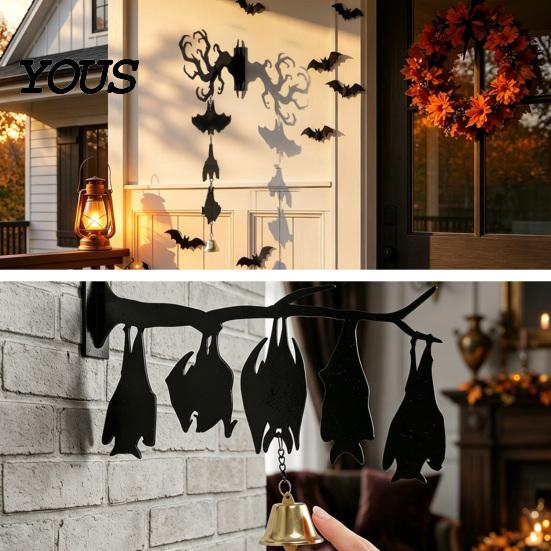 Halloween Courtyard Decoration Hanging Wall Decor, Matte Black Dead Branch Bat Silhouette Ornament Durable Acrylic Holiday Sign with Metal Bell, Easy