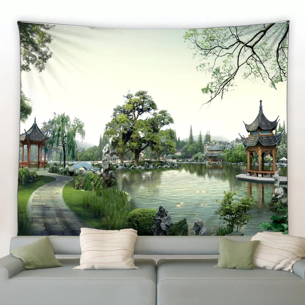 Chinese Style Landscape Architectural Wall Decoration Tapestry Home Living Room Tapestry