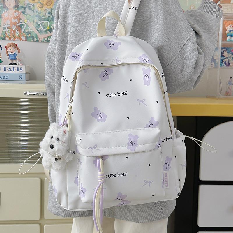 Cute Bear Print Backpack for Women and Girls Fashion School Travel Daypack with Front Pocket