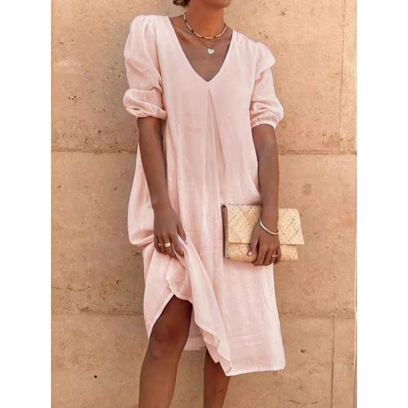 Solid Color V-neck Short Sleeve Dress Women Solid Color and V-neck Short Sleeve Dress
