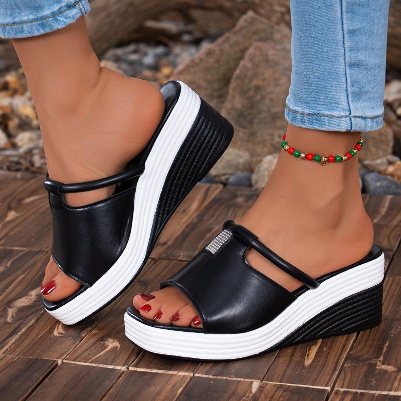 Square Toe Open Toe Platform Sandals Summer New Rhinestone Cutout Soft Sole Non-slip Wear-resistant Wedge Shoes