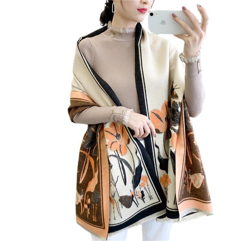 Trendy flower imitation cashmere scarf for women, double-sided long retro tassel warm shawl dual-purpose
