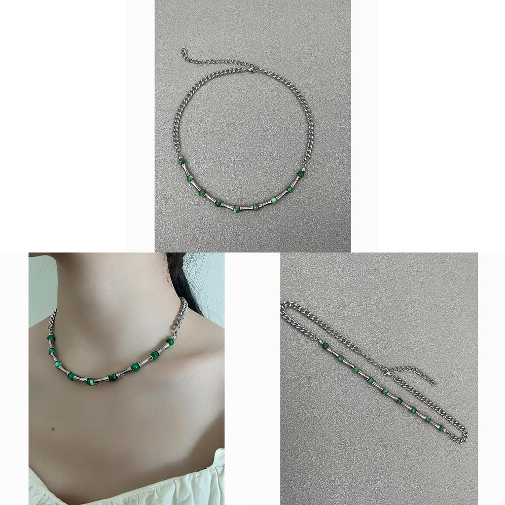 Handcrafted Stainless Steel Pendant Necklace Featuring Bamboo Chain And Green Stone For Gift