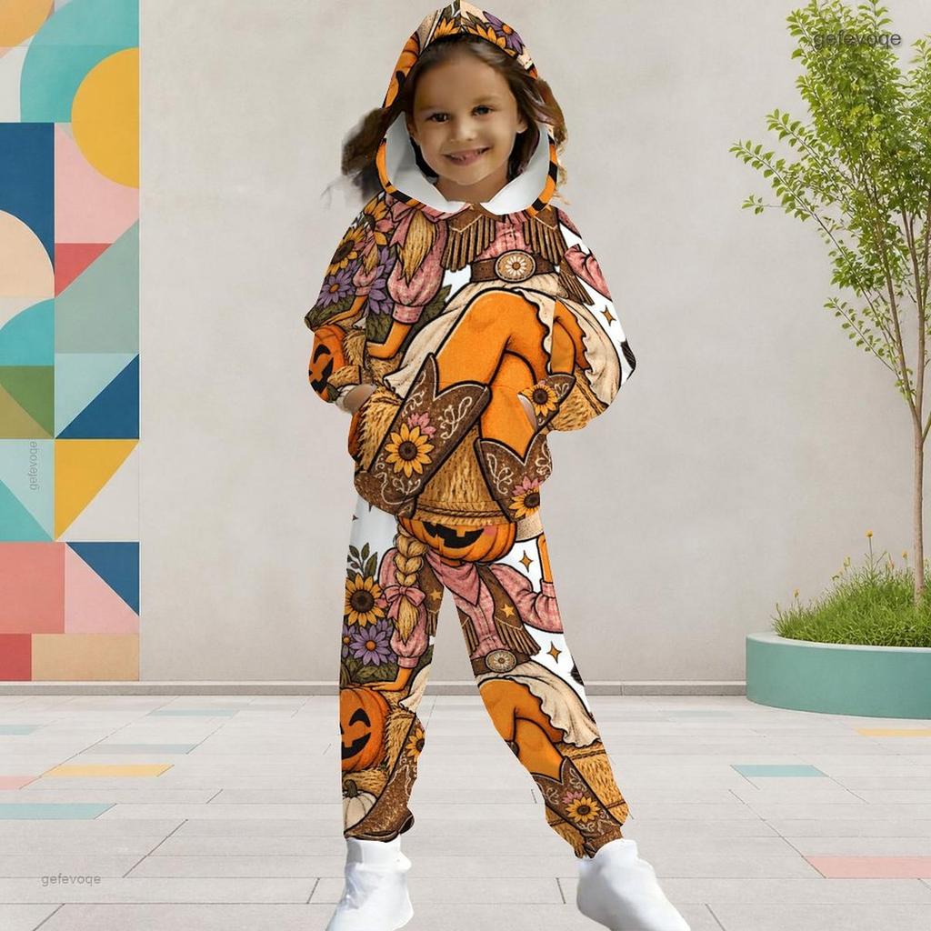 Girls Halloween Panda Ghost Printed Hooded Long Sleeve Kangaroo Pocket Cuffed Pants Two Piece Set