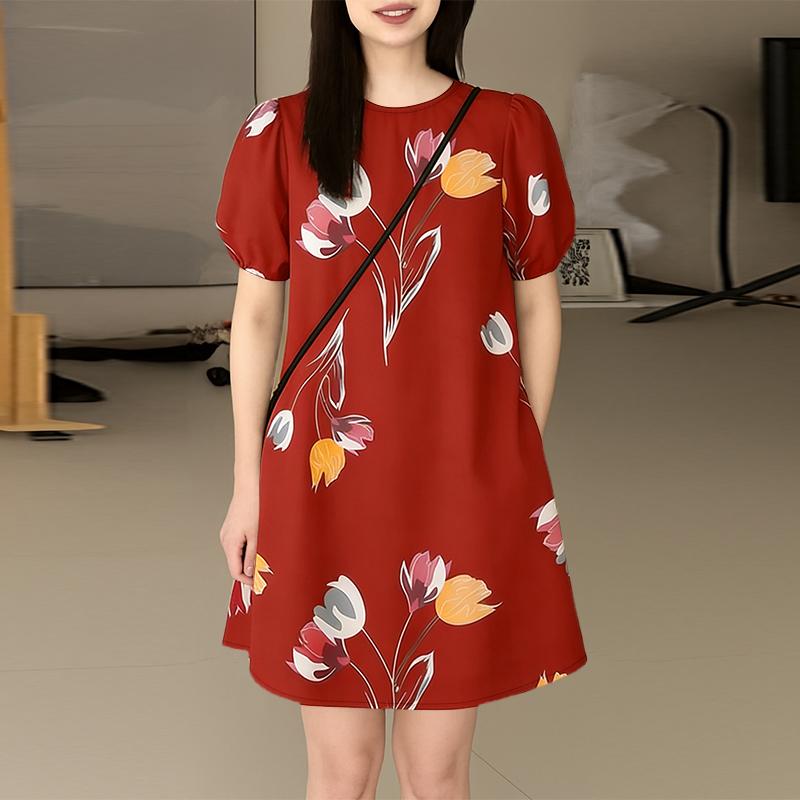 ZANZEA Women Casual Round Neck Short Sleeve Summer Print Dress