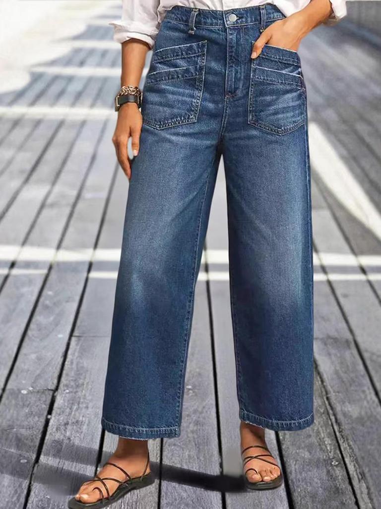 Women's Retro Washed Wide-Leg Cropped Jeans with Frayed Hem and Slant Pockets