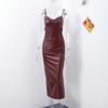 Damen Sexy Rückenfreies Slim Sling Lederkleid Mode Ärmellos Reißverschluss Paket Hüfte Lange Kleider Party Abend Robe