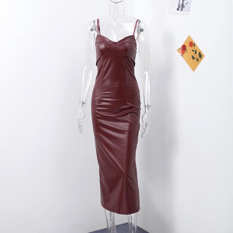 Damen Sexy Rückenfreies Slim Sling Lederkleid Mode Ärmellos Reißverschluss Paket Hüfte Lange Kleider Party Abend Robe
