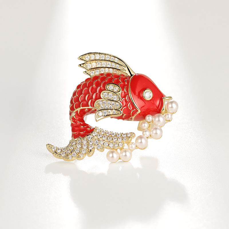 Bo Xin Yun Enamel Zircon Red Goldfish Brooch Pin