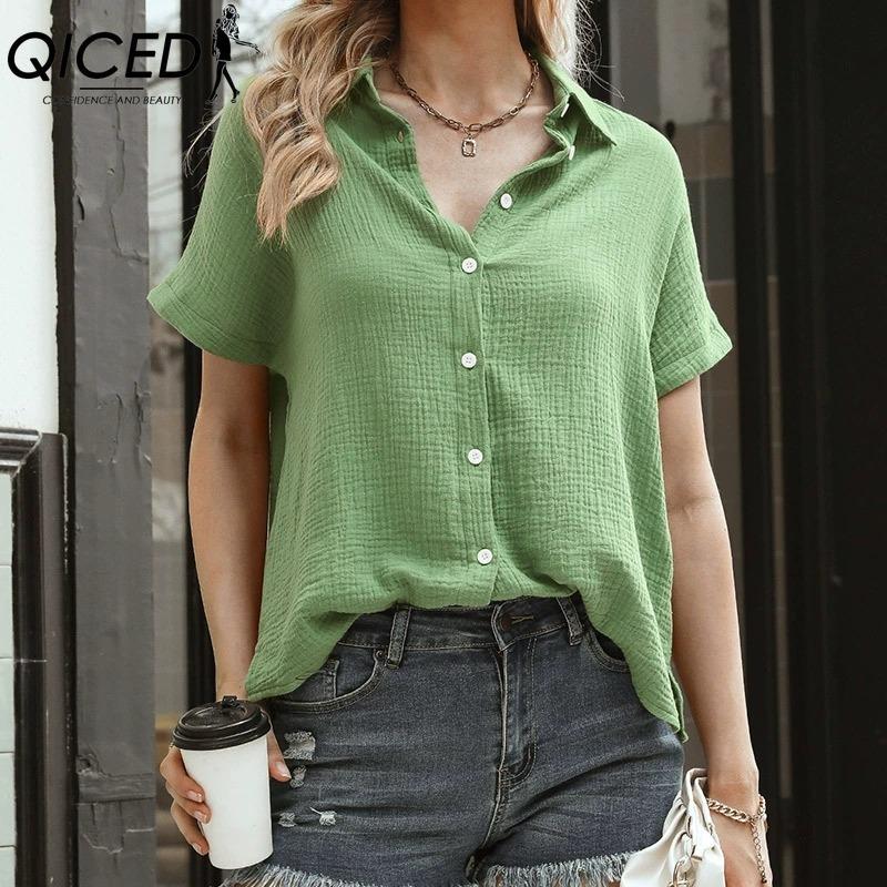 QICED Dámská móda Ležérní jednobarevný potisk Halenky a košile POLO s krátkým rukávem a výstřihem