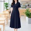 Women Elegant Turn Down Collar Casual Short Sleeve Dress